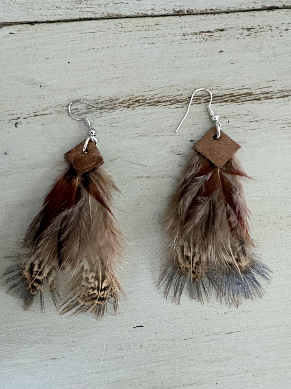 Handmade Feather Drop Earrings in Brown and Tan